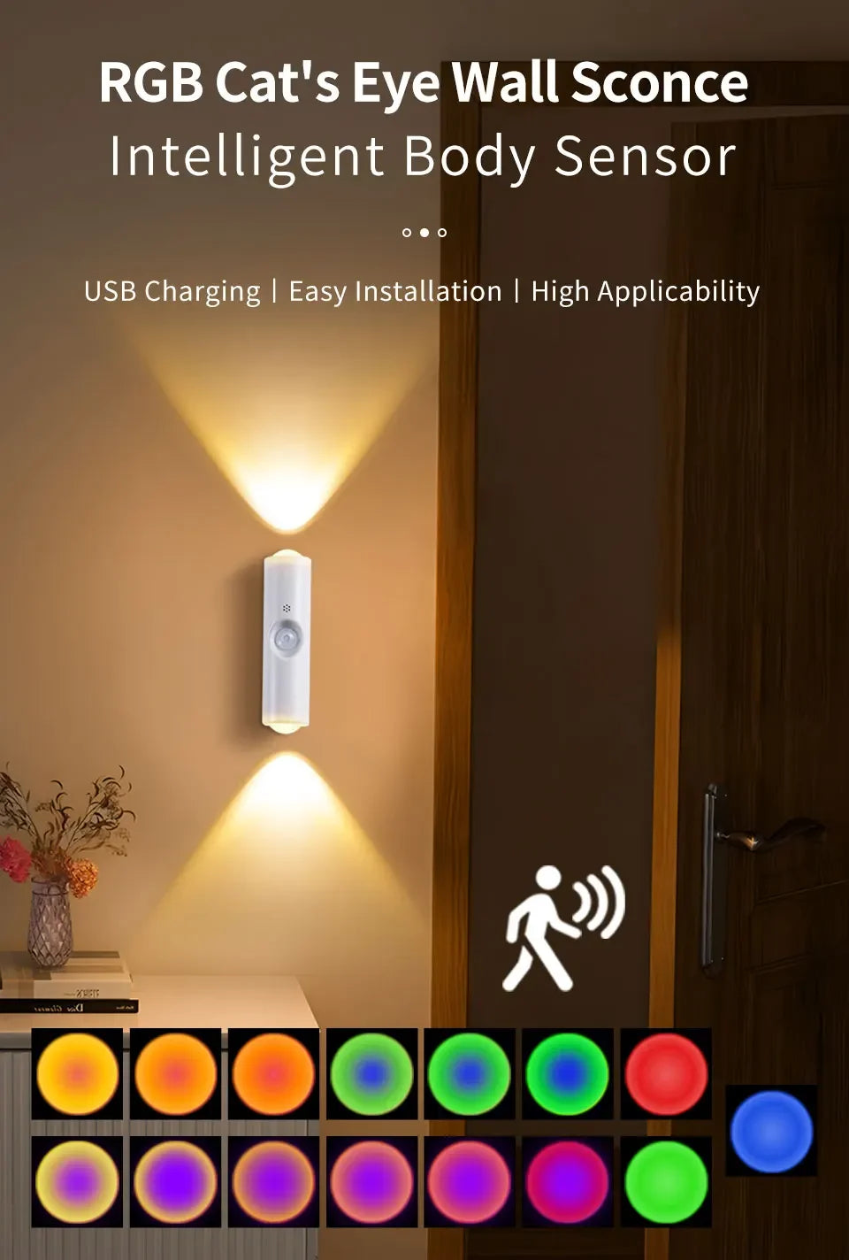 🌈 RGB Motion Sensor Wall Light — Magnetic Rechargeable LED Night Light